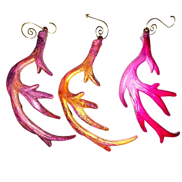 Set of (3) Gold, Pink, & hints of Red Antler Ornaments - Picture 2 of 16